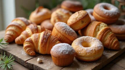 Rustic Wooden Table with Freshly Baked Pastries