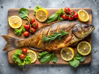 A beautifully arranged dish featuring a whole roasted fish, adorned with vibrant herbs and fresh vegetables, capturing the essence of a gourmet meal