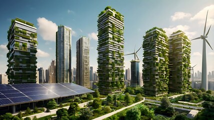 Obraz premium Eco-Friendly Cityscape with Green Skyscrapers, Solar Panels, and Wind Turbines