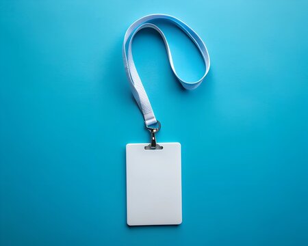A blank white ID card is suspended from a simple white lanyard against a bright blue backdrop, inviting creativity for future personalization or use in events