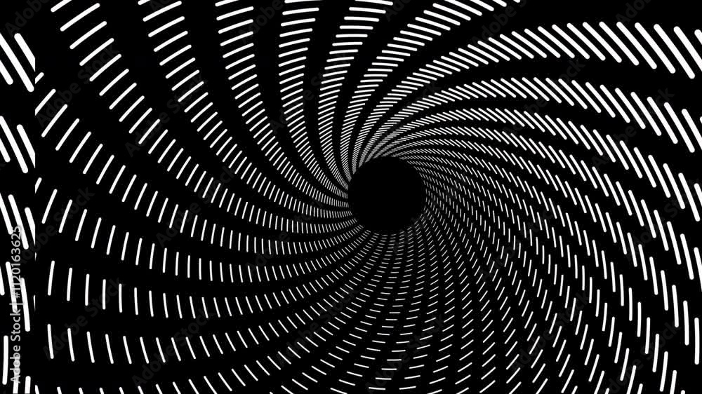 Poster an abstract design with a spiral tunnel pattern in black and white, creating a hypnotic optical illu