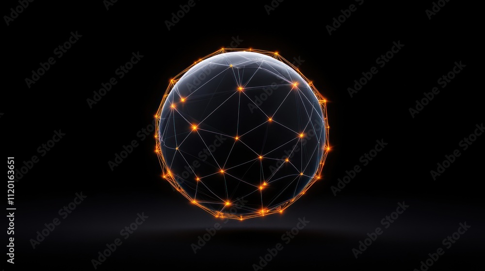 Poster a glowing sphere with interconnected lines and nodes.