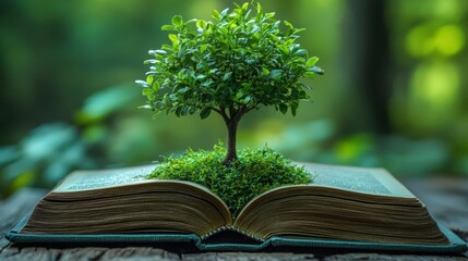 Tree Growing from an Open Book with Lush Green Background