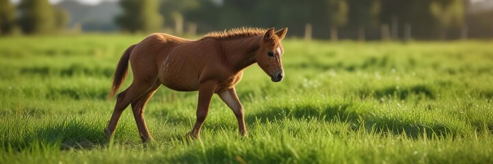 Fototapeta premium A little brown foal taking its first steps in a field of green grass, nature, field