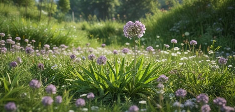 Allium moly blooming in a meadow with other wildflowers and greenery , landscape, outdoor