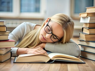 A dedicated student with long blonde hair rests her head on an open book amidst stacks of literature. The cozy study area reflects a passion for learning and the weight of a long study session