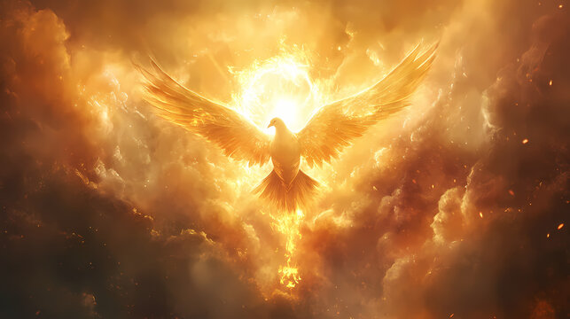 Seraph of love and devotion: dove with flaming halo, representing the seraphic spirit of unconditional love and devotion. Seraphic. Illustration