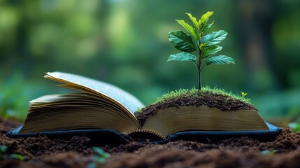 Tree Growing from Open Book Surrounded by Nature and Greenery