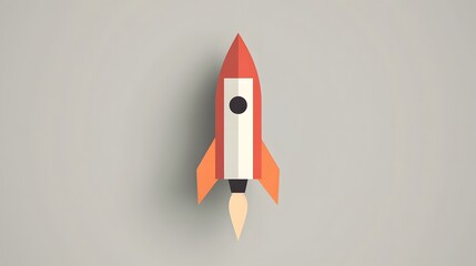 Modern Rocket with Red Tip and Orange Fins in Launch with Flames on Light Gray Background