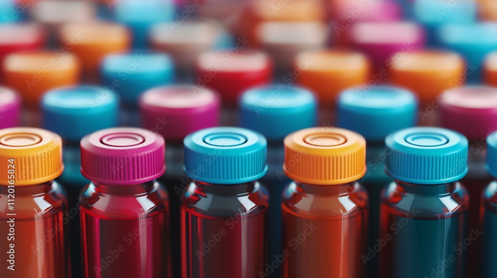 Poster material bottles colors caps for display and storage in pharmaceutical testing and research solution