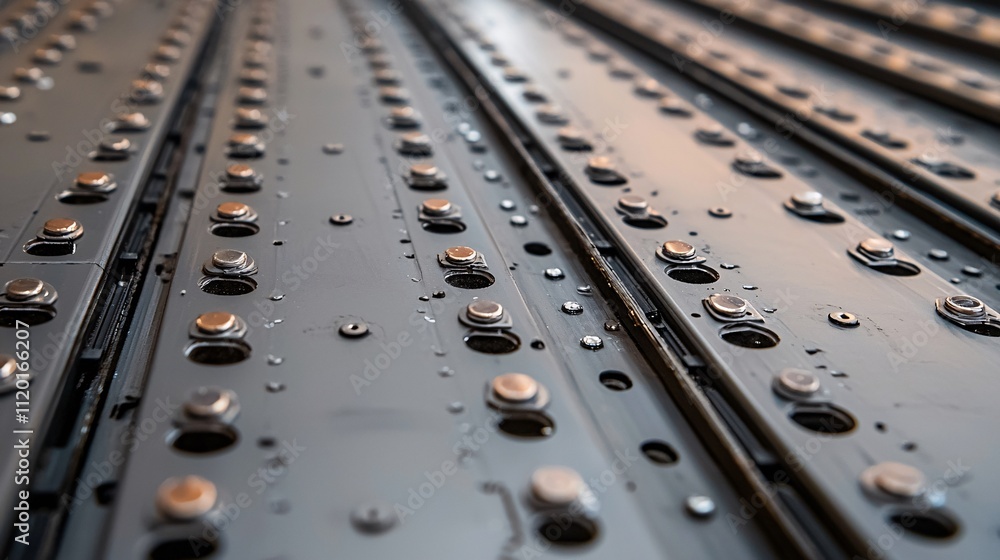 Poster material metal surface with water droplets and polished texture reflecting fluid patterns.