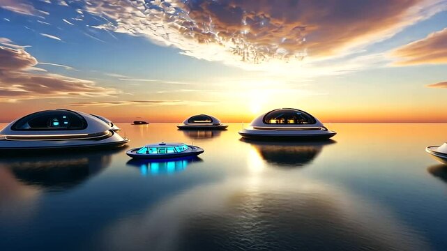 Floating Homes in Oceanfront City Under Peaceful Sky