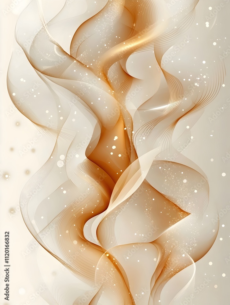 Poster an abstract composition featuring flowing waves of translucent white and warm golden hues, set again