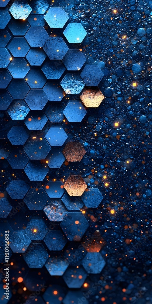 Poster an abstract design featuring geometric hexagons in various shades of blue, accented by golden sparkl