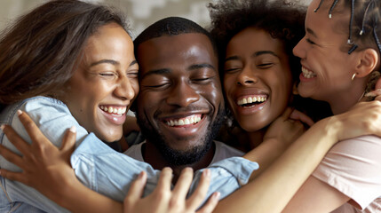 Cheerful group hugging an African American man during an anonymous alcoholics meeting in a rehab center, banner.