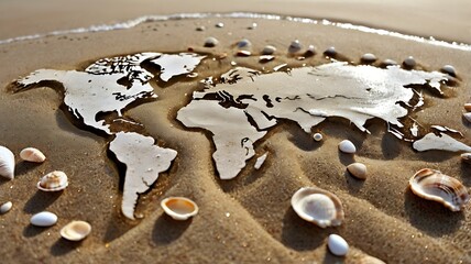 World Map Sculpted in Sand with Seashells on a Pristine Beach