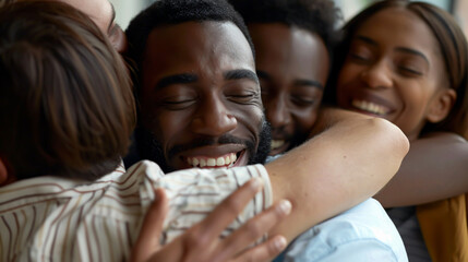 Cheerful group hugging an African American man during an anonymous alcoholics meeting in a rehab center, banner.