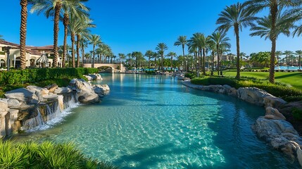 Fototapeta premium Serene resort pool with palm trees, waterfalls, and bridge.
