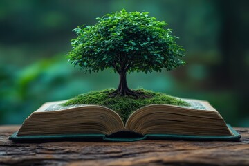 Tree Growing from an Open Book Surrounded by Nature's Beauty