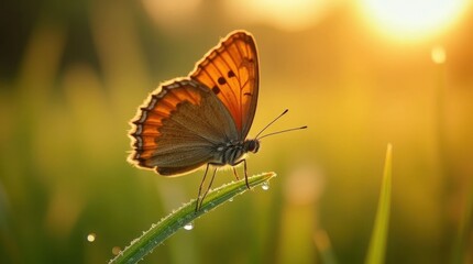 Obraz premium Butterfly Landing on Dew-Covered Grass