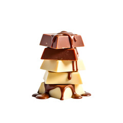 Dripping melting chocolate on top on a mix of white and milk stack of chocolate, transparent background PNG 