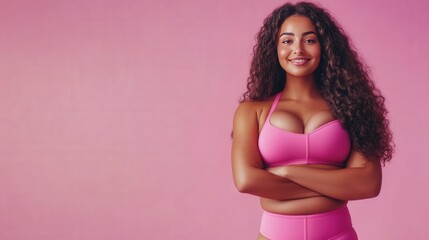 Obraz premium Confident Woman Posing in Pink Activewear Against Pink Background