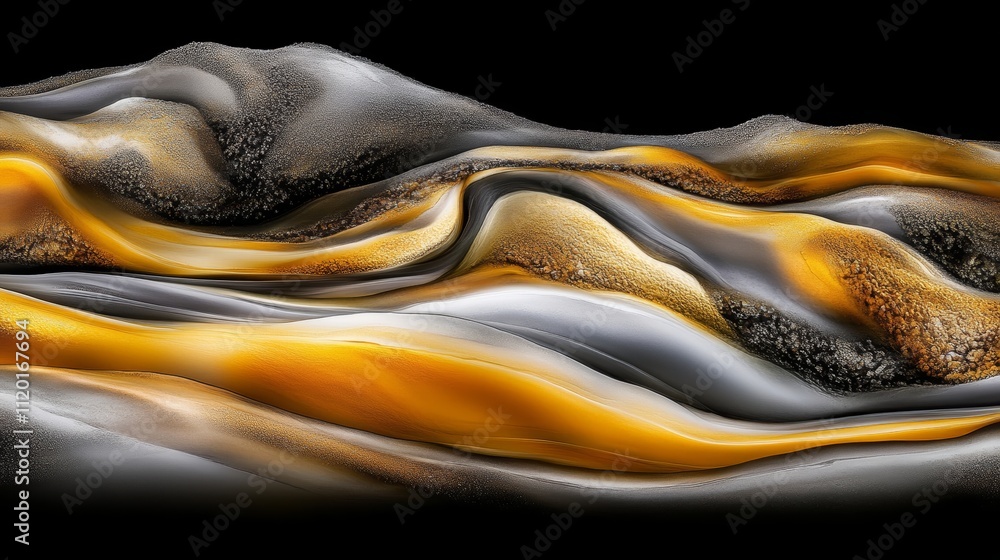 Poster dynamic abstract wave pattern, yellow and gray flowing lines on a black background