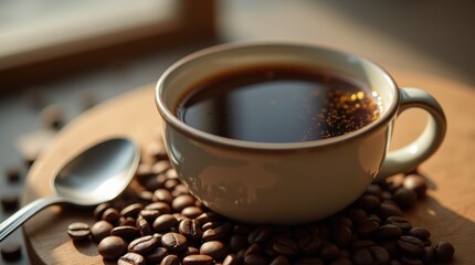 Fototapeta premium Close-up of Freshly Brewed Coffee in Ceramic Mug with Beans and Spoon