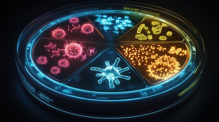 A computerized representation of a glowing petri dish with distinct regions for the growth of bacterial, fungal, and viral organisms; the light patterns show how infectious diseases spread 