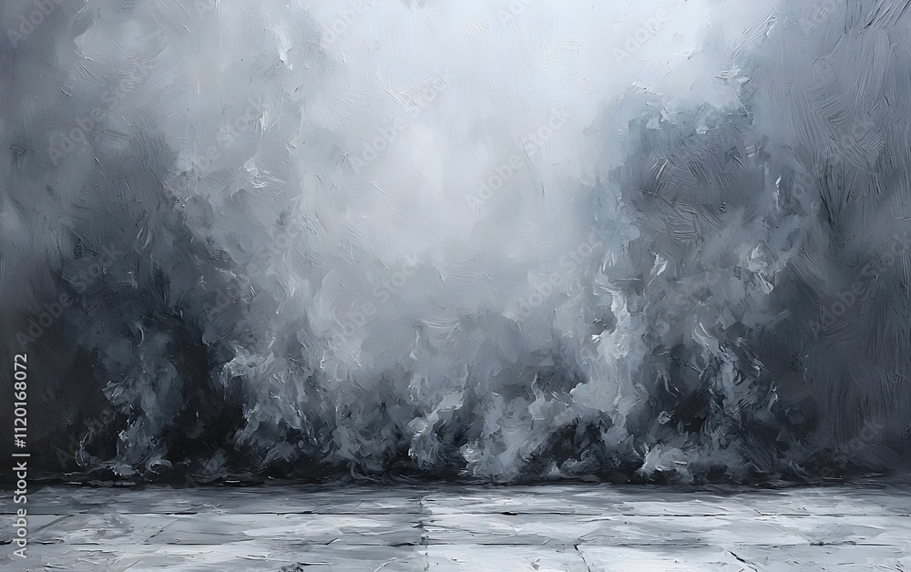 Poster a dramatic abstract depiction of dark, swirling smoke and fog in a monochromatic palette, creating a