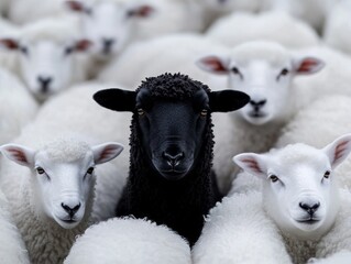 A black sheep standing in a herd of white sheep