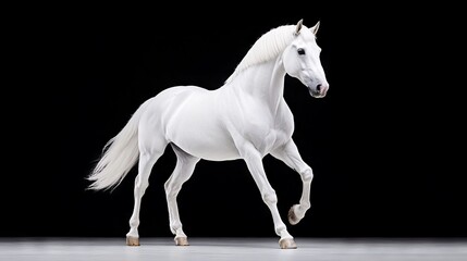 A white horse is galloping in the dark with a black background