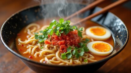 Steaming Bowl of Ramen with Vibrant Toppings