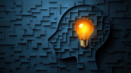 Abstract Maze Design in the Shape of a Human Head with Light Bulb