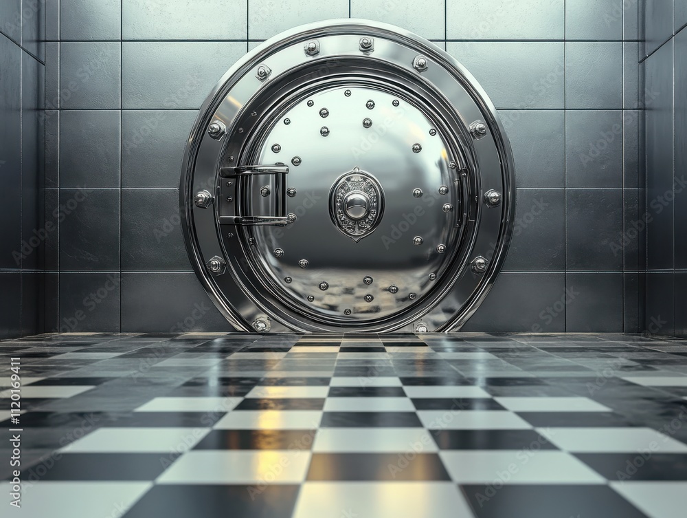 Poster a close-up view of a metallic vault door with a glossy finish set against a checkerboard floor in a 