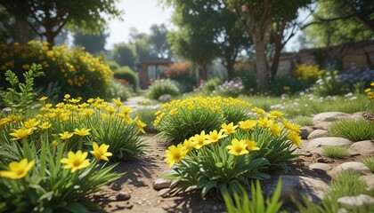 Artichaut biologique avec ses fleurs jaunes dans un jardin, nature, natural garden, organic produce