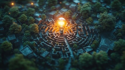 Abstract Maze in the Shape of a Human Head with Light Bulb Aura