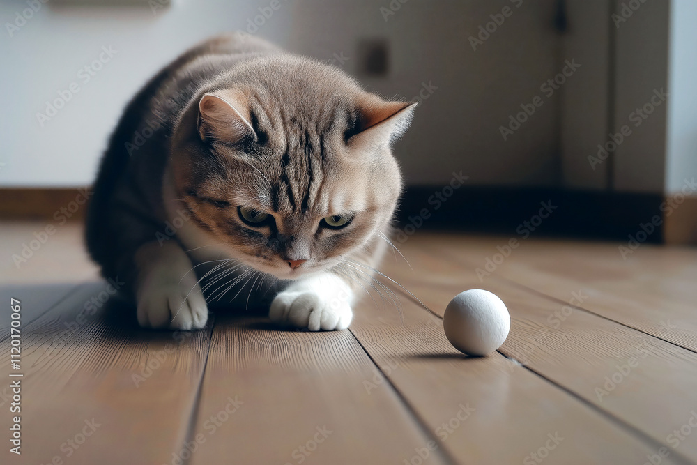 Poster A tabby cat playing with a ball-and-track toy on a wooden floor in a minimalistic room.