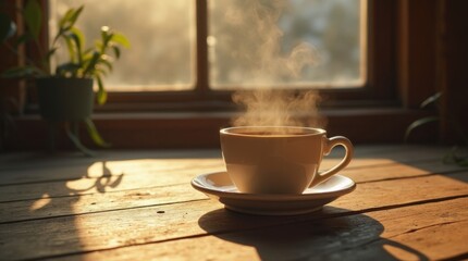 Steaming Cup of Coffee on Rustic Wooden Table