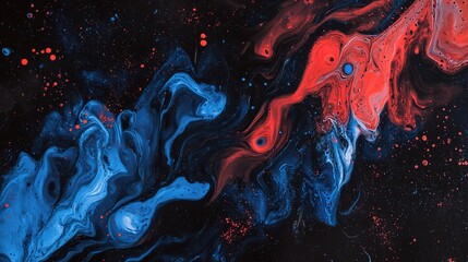 Abstract Acrylic Ink Blot with Red and Blue Swirls on Dark Background