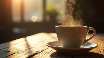 Steaming Cup of Coffee on Rustic Wooden Table