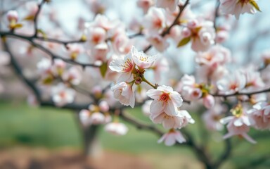 Obraz premium Cherry blossom branches with delicate pink flowers in full bloom during springtime in a garden setting