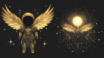 Heavenly warrior - chibi dark fantasy angel t-shirt design with glowing wings and golden armor soaring in celestial skies. Seraphic. Illustration