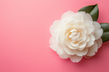 A camellia flowers a t the side of vibrant pattern on soft pink background