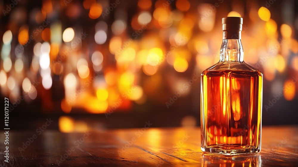 Poster empty wooden table with a bottle at a bar in soft focus background