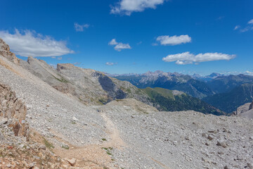 Awesome dolomite panorama from the Latemar Massif, towards Fassa Valley, UNESCO world heritage site, Trentino-Alto Adige, Italy, Europe