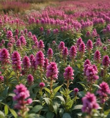 Fototapeta premium Field of wild cruentus amaranth flowers in full bloom , amaranth blooms, meadow scenery