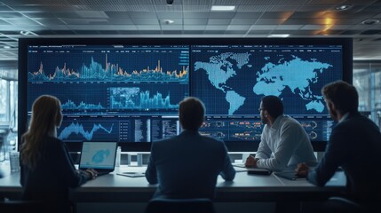 Team analyzing data visualizations in a modern office environment.