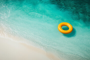 Obraz premium A top view tropical beach with soft white sand stretching into the distance. the blue clear sea with yellow Rubber ring floating