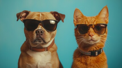 Two charming pets, a dog and a cat, share a moment of companionship while sporting stylish sunglasses. Their playful expression radiates joy and togetherness amidst a bright blue backdrop